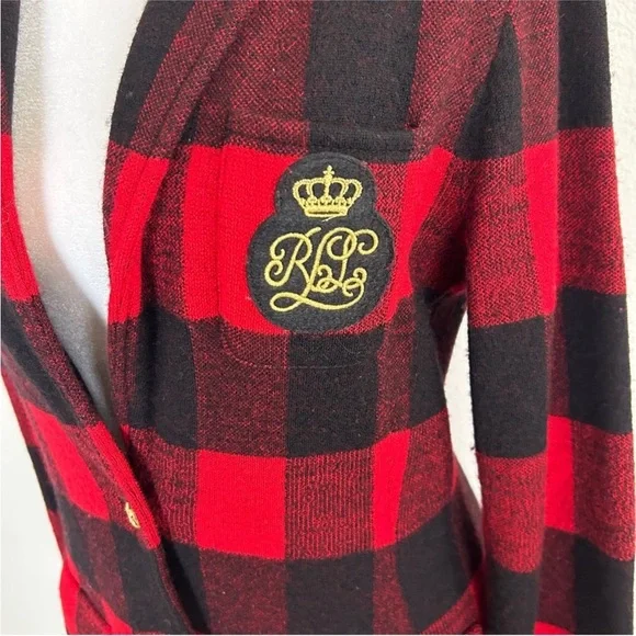 Ralph Lauren Buffalo Check Plaid Wool Knit Sweater Blazer Jacket Crest Rugby Lg - Picture 3 of 13